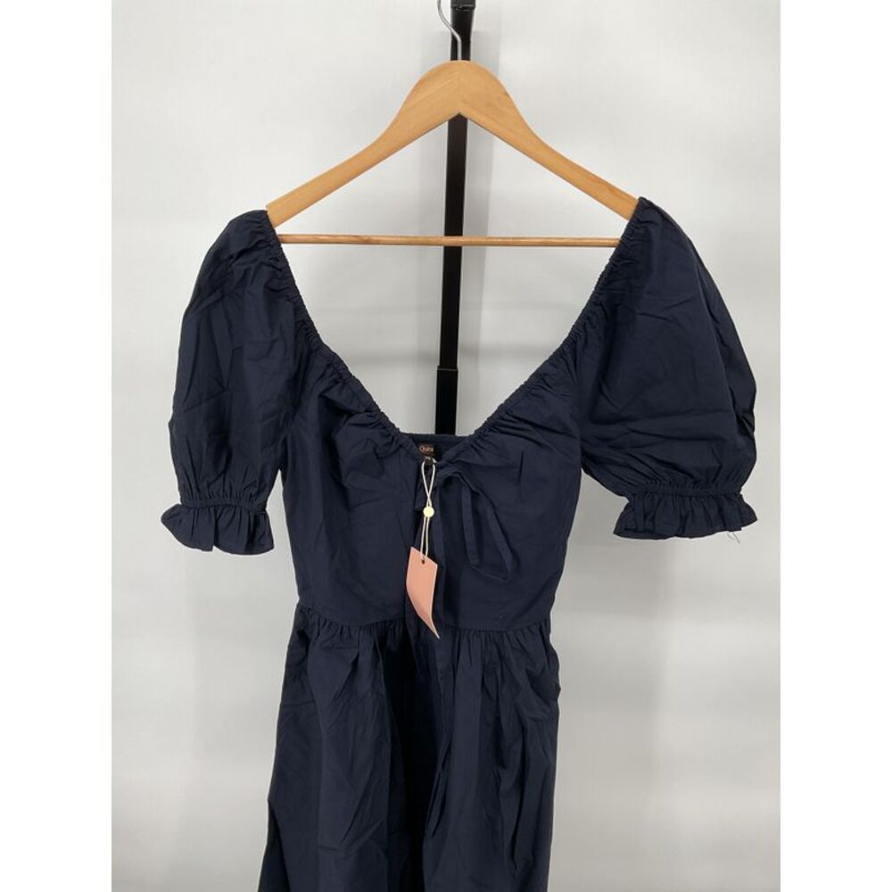 Quince Navy Blue Midi Dress with Puff Sleeves